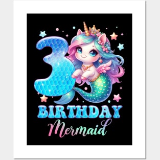 Unicorn Mermaid 3rd Birthday 3 Year Old Party Girls B-day Gift For Girls Kids Posters and Art